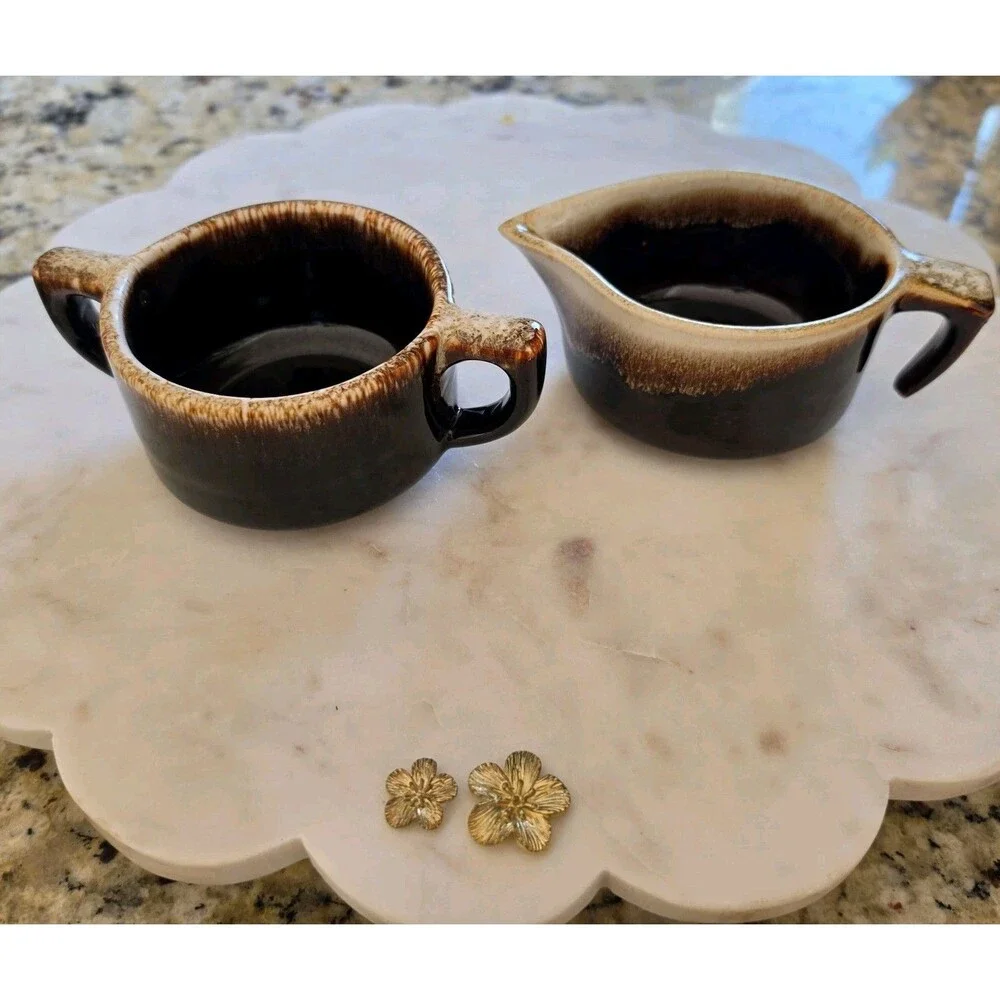 Vintage Pfaltzgraff Gourmet Brown Drip Stoneware Creamer & Sugar Bowl 22 24 USA